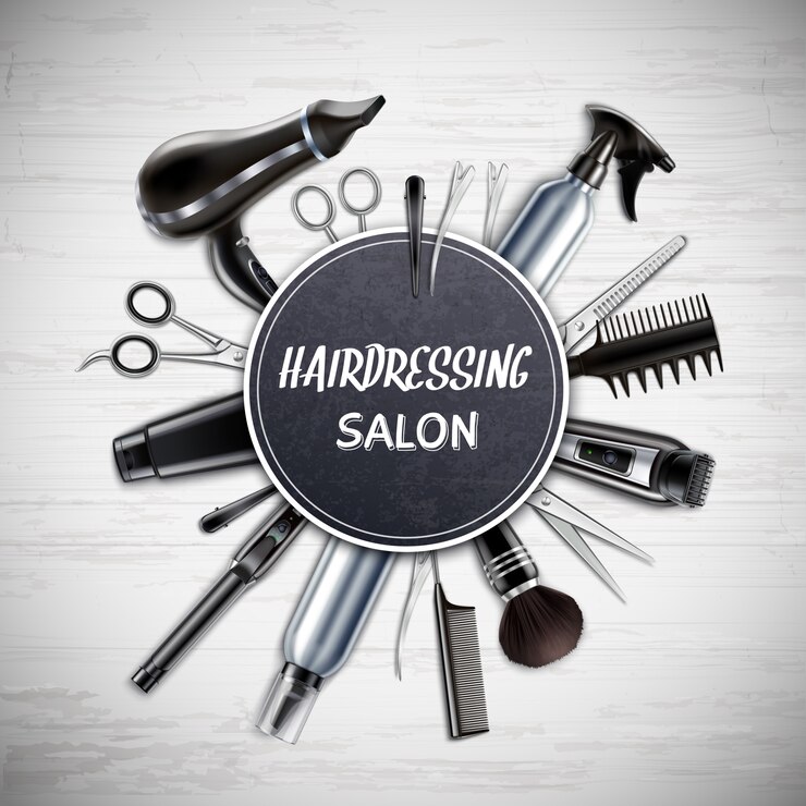 Bezpłatny plik Wektor fryzjerstwo salonu fryzjer męski sklep wytłacza wzory realistycznego round skład z nożyce hairdryer drobiażdżarki monochromatyczną wektorową ilustracją