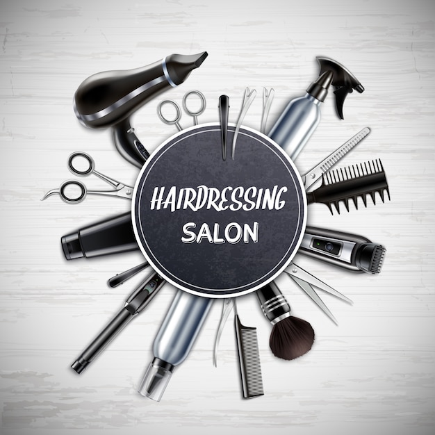 Fryzjerstwo salonu fryzjer męski sklep wytłacza wzory realistycznego round skład z nożyce hairdryer drobiażdżarki monochromatyczną wektorową ilustracją