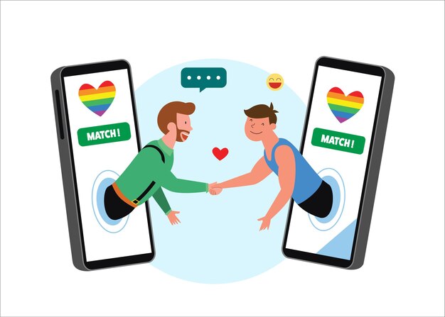 Geje LGBT ściskający dłonie przez telefon komórkowy z tęczowymi flagami.