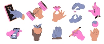 Gesty dłoni dotykają smartfona trzymającego zestaw długopisów