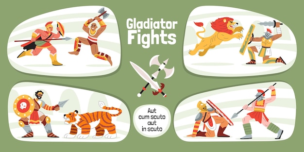 Bezpłatny wektor gladiator walczy z płaską kompozycją infograficzną z edytowalnym tekstem skrzyżowanym toporem i mieczem z postaciami ilustracji wektorowych wojowników