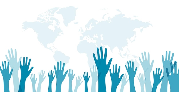 Bezpłatny wektor globalna solidarność wolontariuszy podnosi sztandar z wektorem mapy ziemi