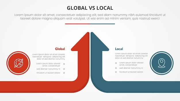 Bezpłatny wektor globalny w porównaniu z lokalnym w porównaniu do przeciwnego koncepcji infograficznej dla prezentacji slajdów z długim paskiem strzałki kierunek górny z płaskim stylem