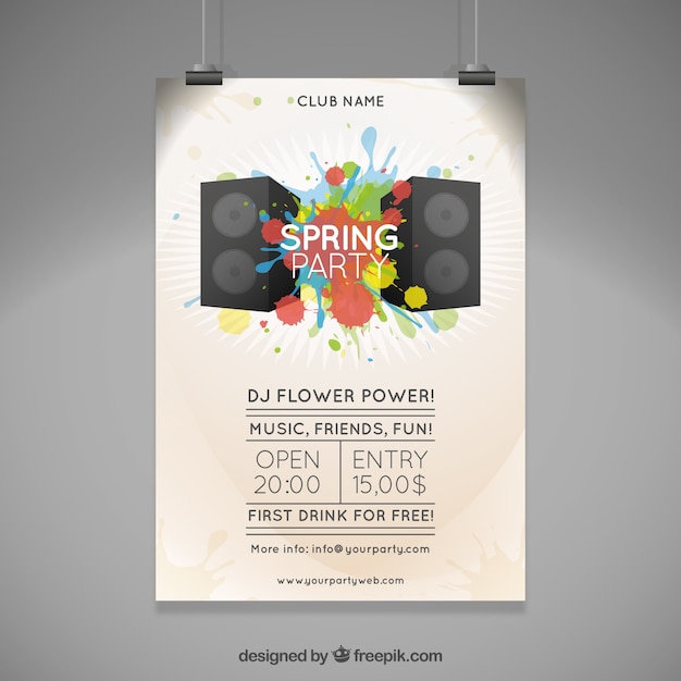 Bezpłatny wektor głośniki z malowania odpryskami wiosna party plakat