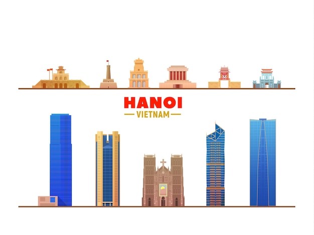 Bezpłatny wektor główne zabytki hanoi w wietnamie na białym tle ilustracja wektorowa koncepcja podróży biznesowych i turystyki z nowoczesnymi budynkami obraz na baner lub stronę internetową