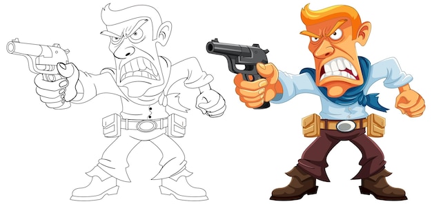 Bezpłatny wektor gniewny kowboj trzymający broń postać z kreskówki