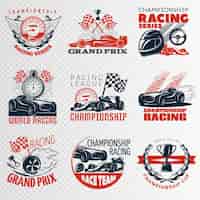 Bezpłatny wektor godło wyścigowe w kolorze różnych kształtów z opisami ilustracji wektorowych mistrzostwa wyścigów ligowych grand prix