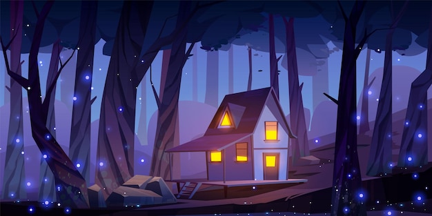 Bezpłatny wektor gra fantasy las w nocy z krajobrazem domu