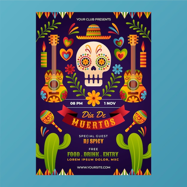 Bezpłatny wektor gradient dia de muertos pionowy szablon plakatu