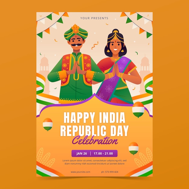 Bezpłatny wektor gradient pionowy szablon plakat dla indyjskiego święta dnia republiki