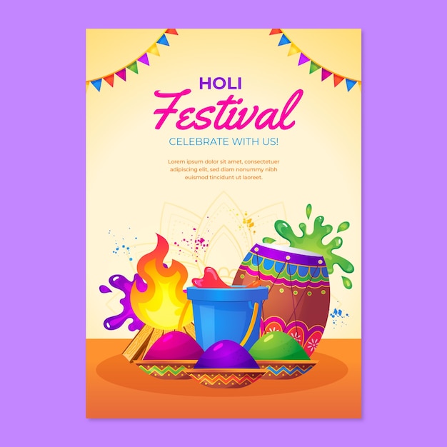 Bezpłatny wektor gradient pionowy szablon ulotki do świętowania festiwalu holi.