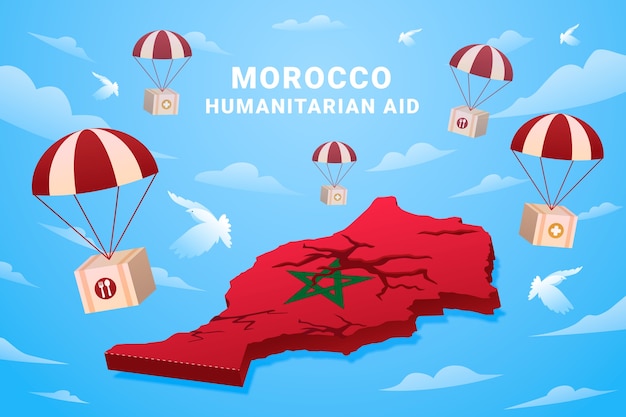 Bezpłatny wektor gradientowa ilustracja pomocy humanitarnej związanej z trzęsieniem ziemi w maroku ze skrzynkami spadochronowymi i mapą