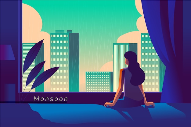 Bezpłatny wektor gradientowa ilustracja sezonu monsunowego z kobietą w jej mieszkaniu