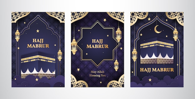 Bezpłatny wektor gradientowa kolekcja kart hadżdż mubarak z mekką