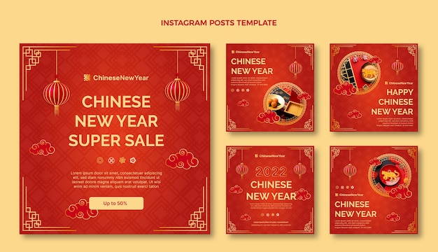 Bezpłatny wektor gradientowa kolekcja postów na instagram chińskiego nowego roku