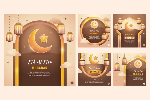 Bezpłatny wektor gradientowa kolekcja postów na instagramie eid al-fitr