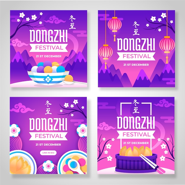 Bezpłatny wektor gradientowa kolekcja postów na instagramie festiwalu dongzhi