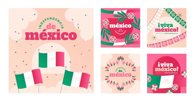 Gradientowa kolekcja postów na instagramie na obchody niepodległości Meksyku