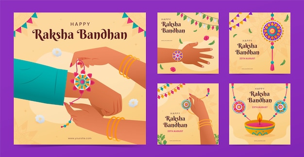 Bezpłatny wektor gradientowa kolekcja postów na instagramie na obchody raksha bandhan