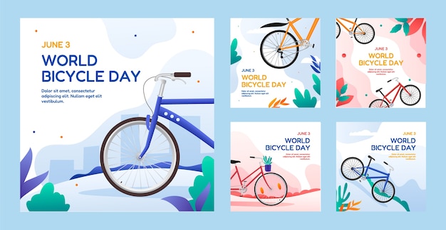 Bezpłatny wektor gradientowa kolekcja postów na instagramie na obchody światowego dnia roweru