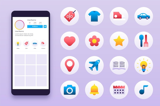 Bezpłatny wektor gradientowa kolekcja wyróżnień na instagramie