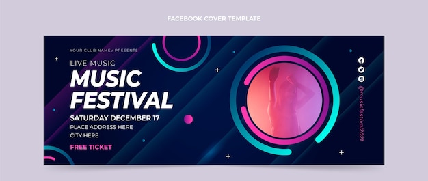 Bezpłatny wektor gradientowa kolorowa okładka festiwalu muzycznego na facebooku