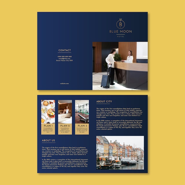Bezpłatny wektor gradientowa, profesjonalna, składana broszura hotelu blue moon