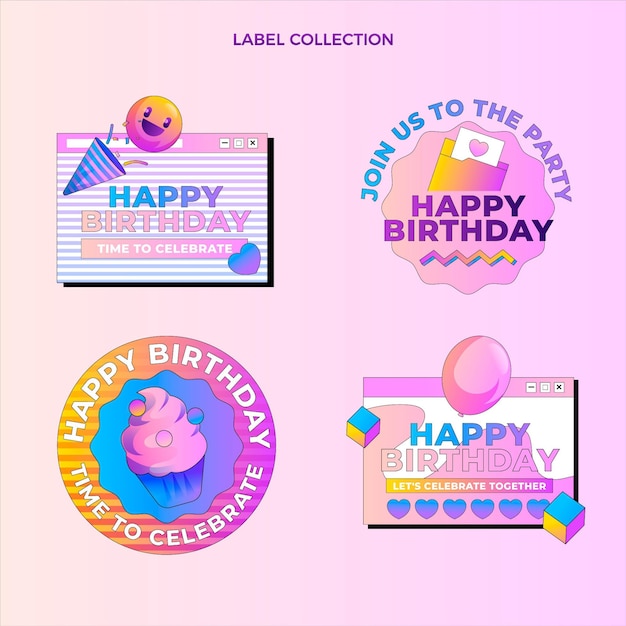 Bezpłatny wektor gradientowe etykiety urodzinowe w stylu retro vaporwave