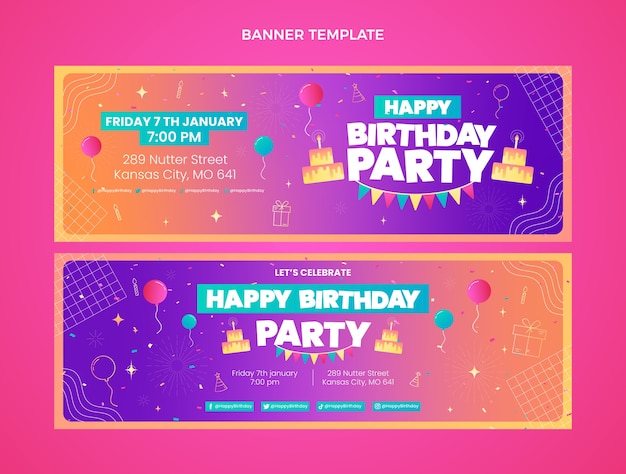 Gradientowe kolorowe banery urodzinowe poziome