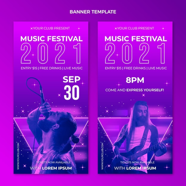 Gradientowe kolorowe pionowe banery festiwalu muzycznego