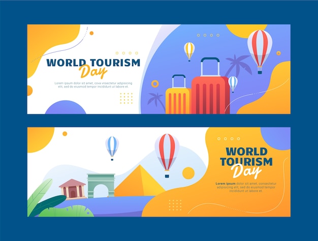Bezpłatny wektor gradientowe poziome banery ustawione na obchody światowego dnia turystyki