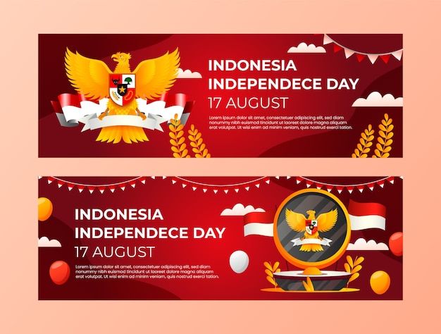 Bezpłatny wektor gradientowe poziome banery z okazji dnia niepodległości w indonezji z herbem