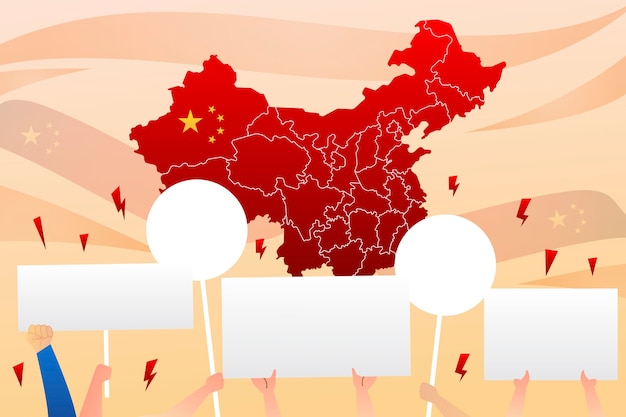 Gradientowe Ręce Trzymające Banery I Mapę Ilustracji Protestu W Chinach