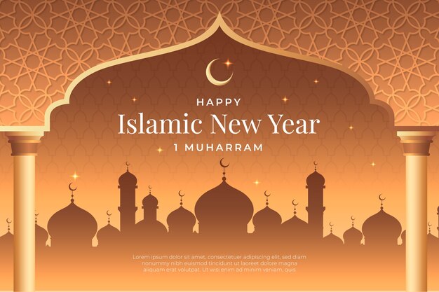 Gradientowe tło islamskiego nowego roku z półksiężycem i budynkami