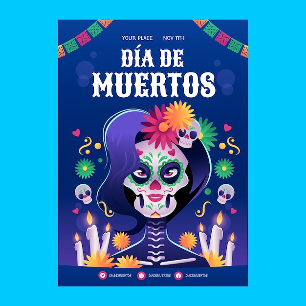 Bezpłatny wektor gradientowy pionowy plakat szablon na obchody dia de muertos