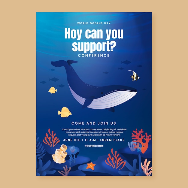 Bezpłatny wektor gradientowy pionowy szablon plakatu na światowy dzień oceanów ze stworzeniami wodnymi