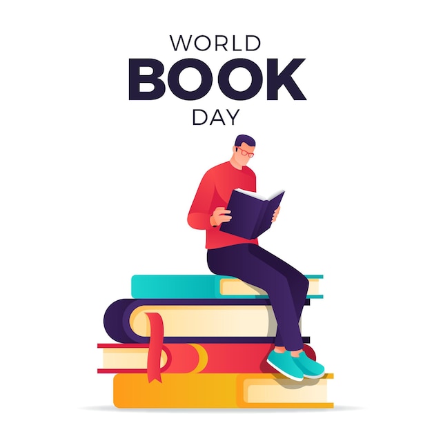 Bezpłatny wektor gradientowy światowy dzień książki z człowiekiem, czytanie książki