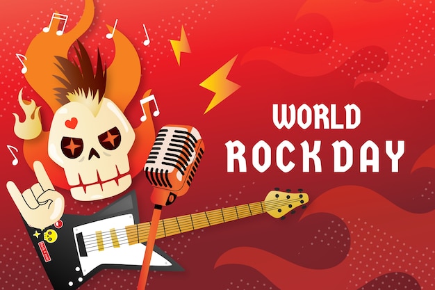 Bezpłatny wektor gradientowy światowy dzień rocka w tle z czaszką grającą na gitarze
