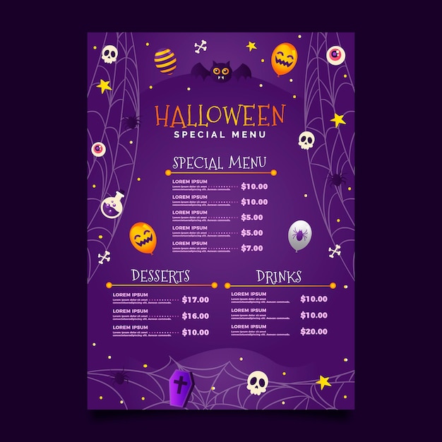 Bezpłatny wektor gradientowy szablon menu halloween