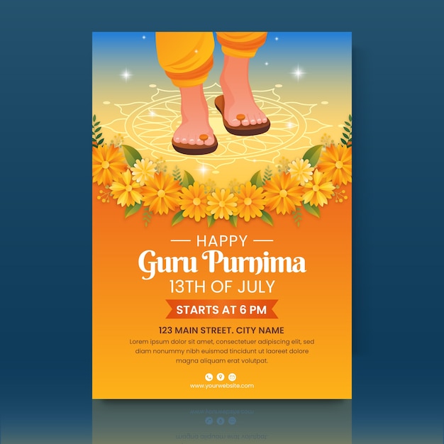 Bezpłatny wektor gradientowy szablon pionowy plakat guru purnima ze stopami i kwiatami