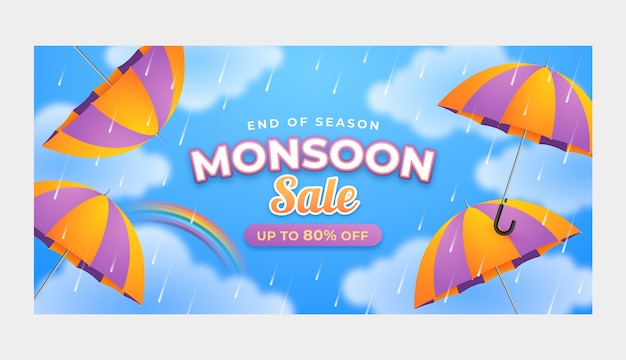 Gradientowy szablon transparent sprzedaży sezonu monsunowego z parasolami