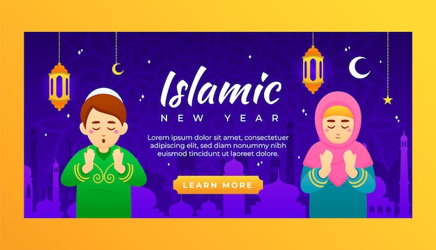 Gradientowy Szablon Transparentu Poziomego Islamskiego Nowego Roku Z Ludźmi Modlącymi Się I Latarniami
