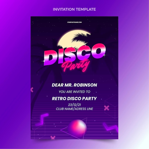 Bezpłatny wektor gradientowy szablon zaproszenia party retro vaporwave disco