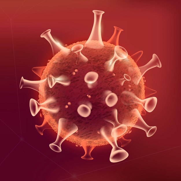 Grafika wektorowa biotechnologii komórek wirusa Covid-19 z czerwoną neonową grafiką