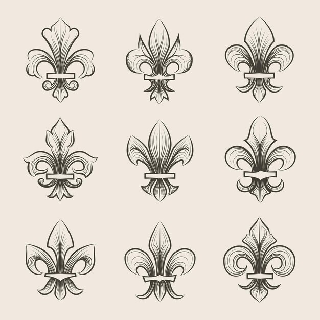 Grawerowanie zestaw ikon fleur de lis. Antyczne dekoracje fleur de lis, średniowieczne heraldyczne fleur de lis, francuskie fleur de lis.