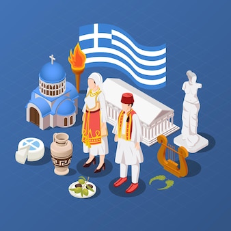 Grecja izometryczny niebieski z rzeźbą afrodyty partenon i cerkiewnymi budynkami olimpijskimi płomieniami w strojach ludowych ilustracja