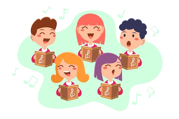 Grupa dzieci śpiewających w chórze ilustrowana