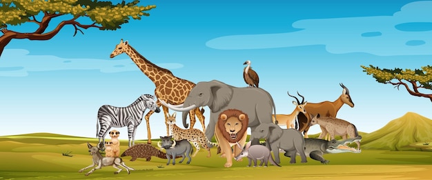 Grupa dzikich zwierząt afrykańskich na scenie lasu