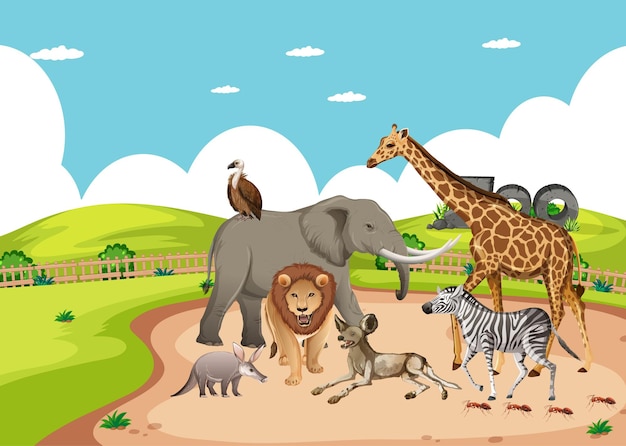 Bezpłatny wektor grupa dzikich zwierząt afrykańskich na scenie zoo