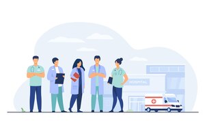 Bezpłatny wektor grupa lekarzy stojących w budynku szpitala. zespół praktyków i samochód pogotowia